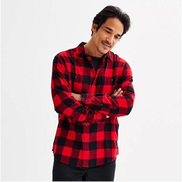 Men's Flannel Button-Down Shirt Buffalo Black Red 2XL NWT Logger - Picture 2 of 3